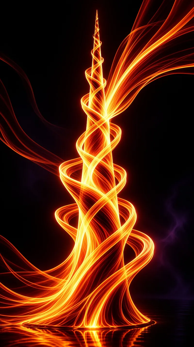 A glowing twisted tower of orange light streaks rises vertically from a dark surface creating a sense of flowing energy.