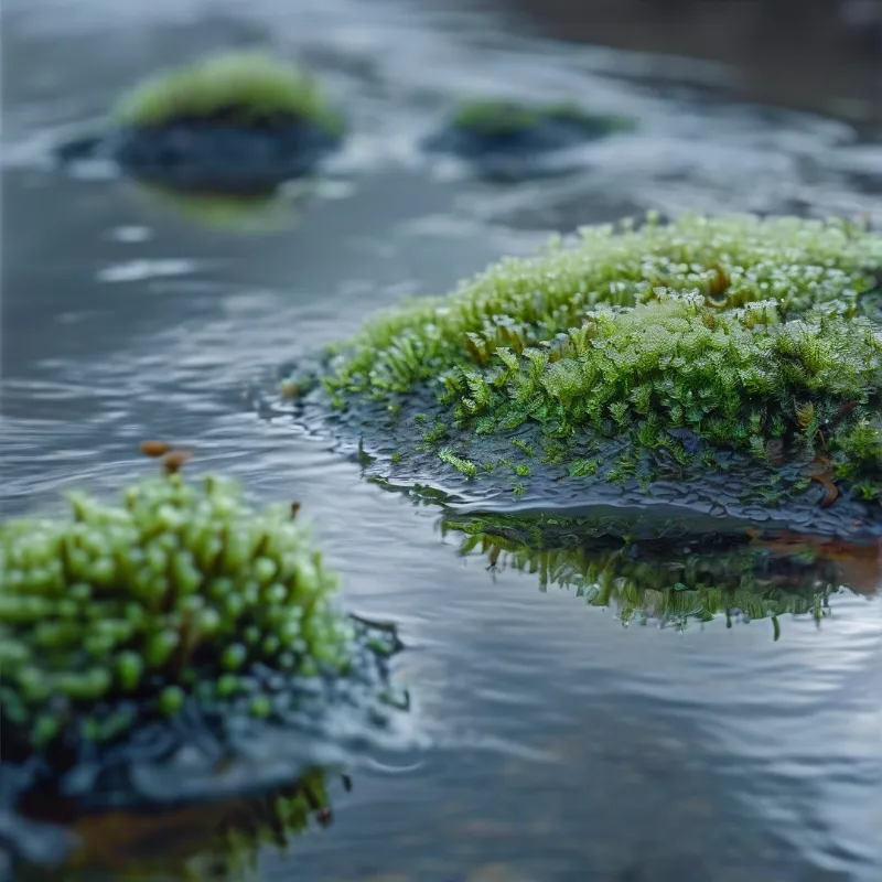 Vivid green moss cushions cling to wet dark stones surrounded by gently rippling blue grey water in a close view