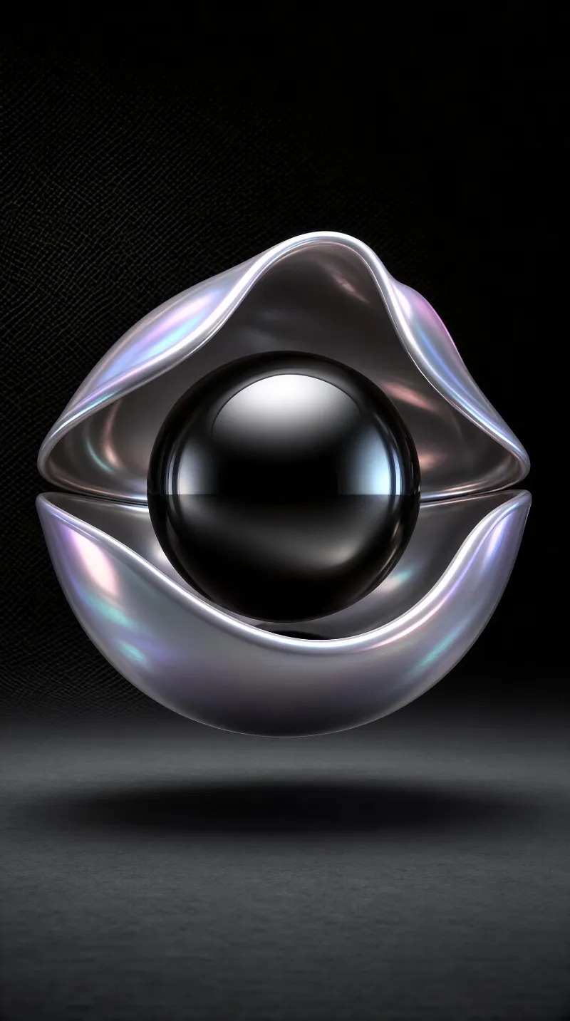 A shiny iridescent shell encloses a smooth black sphere against a dark background, with subtle reflections on its surface.