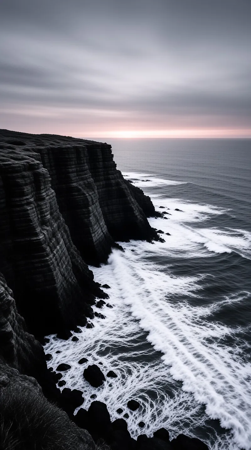 Steep dark cliffs meet churning white waves under a cloudy sky with a pink horizon line visible in the distance.