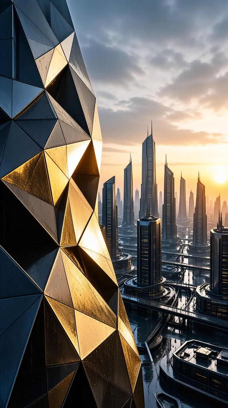 Geometric building facade catches warm sunlight while towering structures rise against the orange sky.