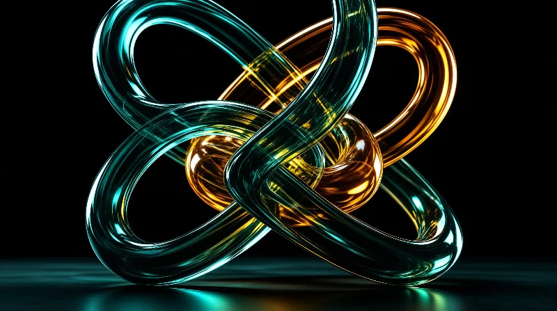 A translucent teal tube and an amber ring interlock into a glass sculpture.