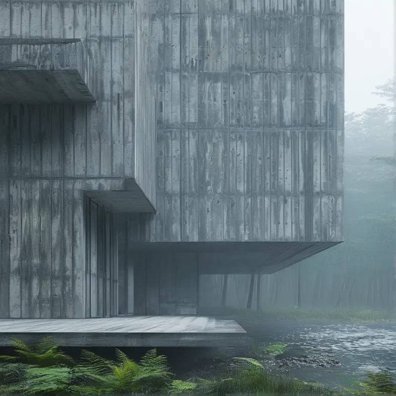 A minimalist concrete structure with a cantilevered roof sits beside a tranquil water body surrounded by dense foggy forest