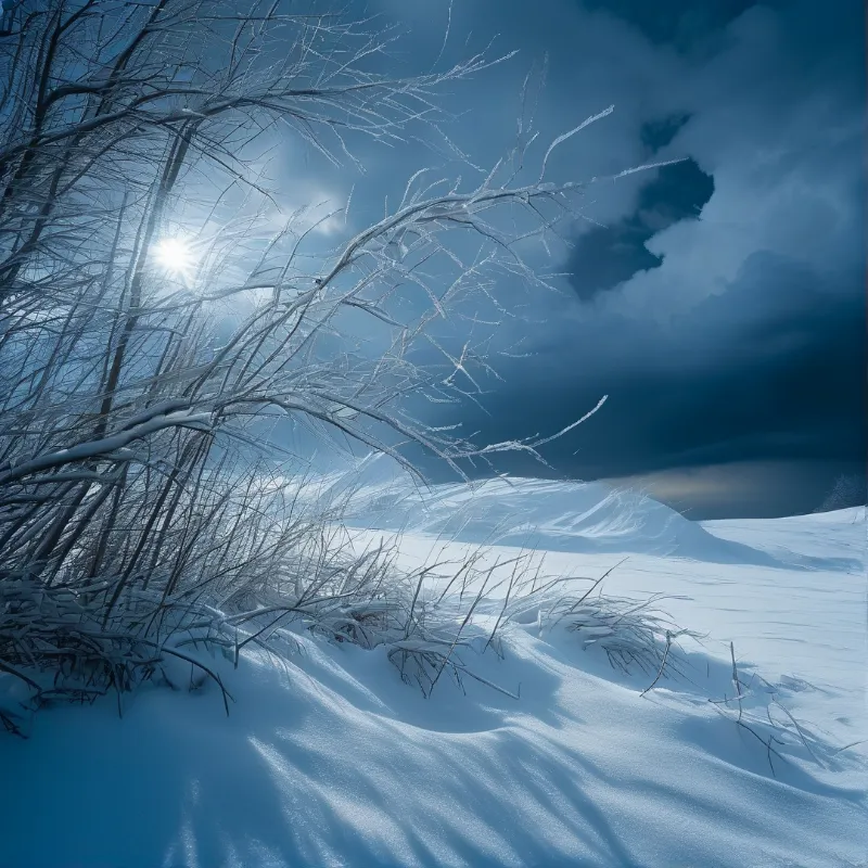 Frosted tree branches silhouette against a bright sun shining through clouds above a vast snowy landscape.