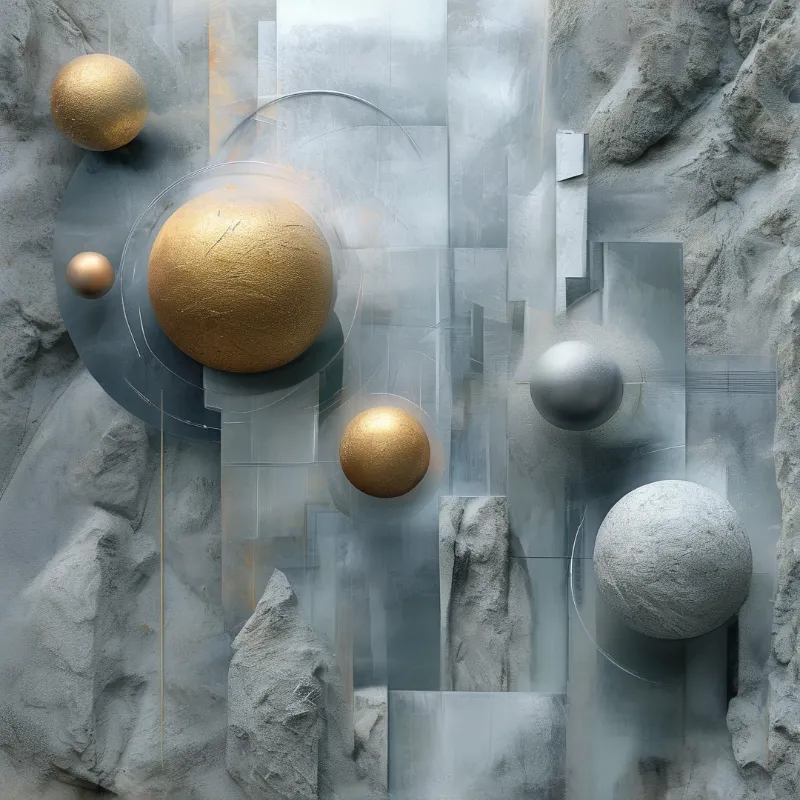 Metallic and stone orbs float amidst translucent geometric planes set against a rough grey rocky background.