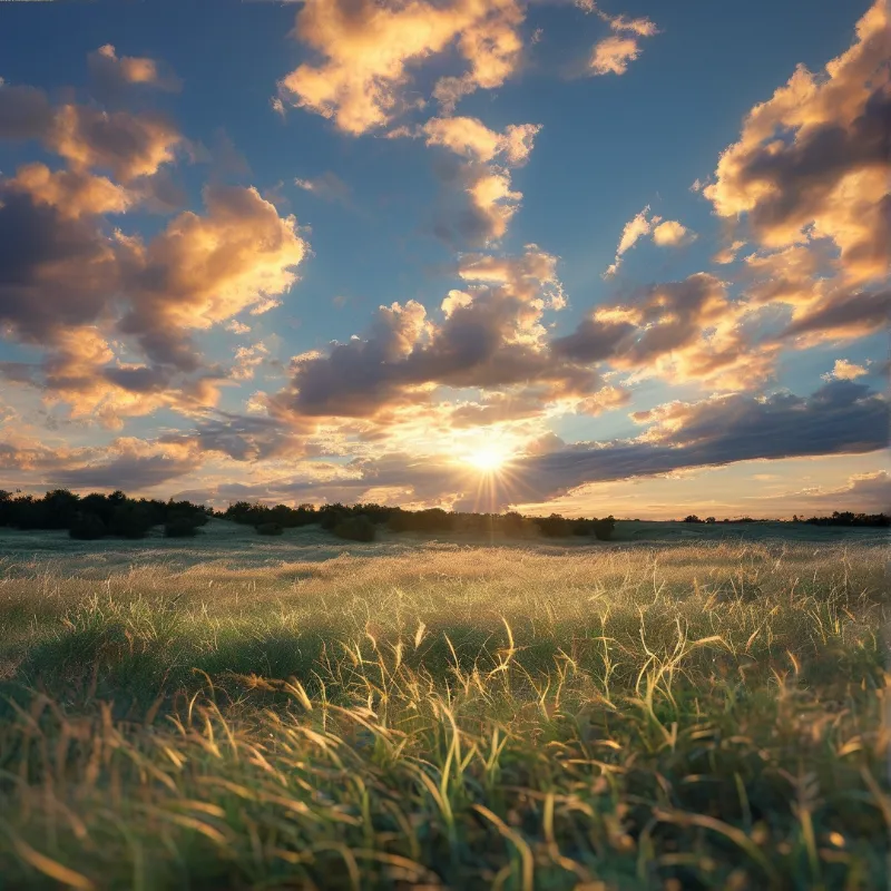 Tall grass fills the lower view as the setting sun shines through scattered clouds in a blue sky above a distant treeline.