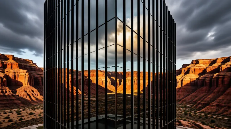 A glass building stands in a canyon, mirroring red rock formations and dramatic sky on its dark surface.