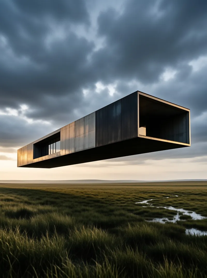 A long black rectangular monolith floats above a grassy marsh with winding streams under a cloudy sunset sky.
