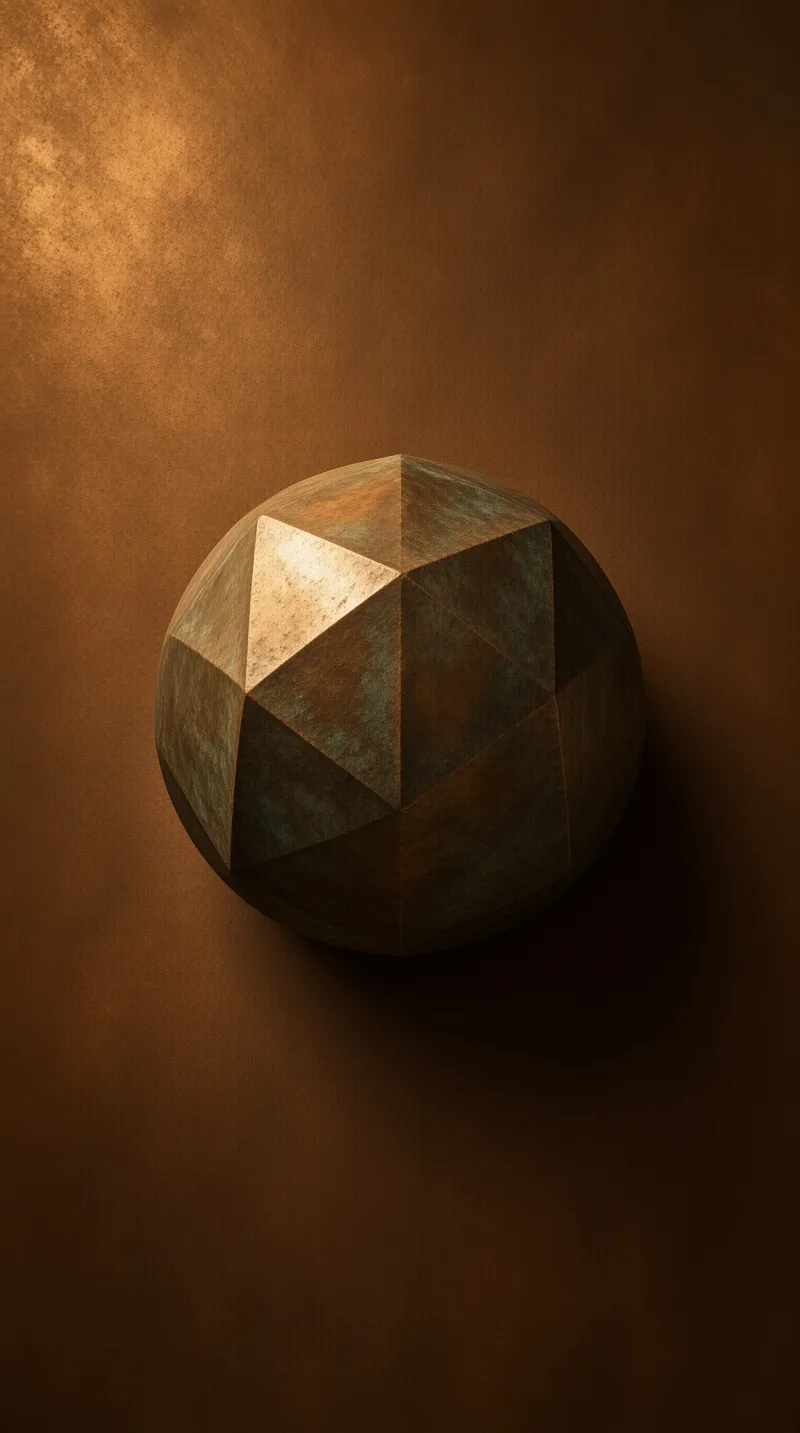 A faceted metal sphere rests against a rough brown wall under warm directional lighting that highlights its geometric faces.