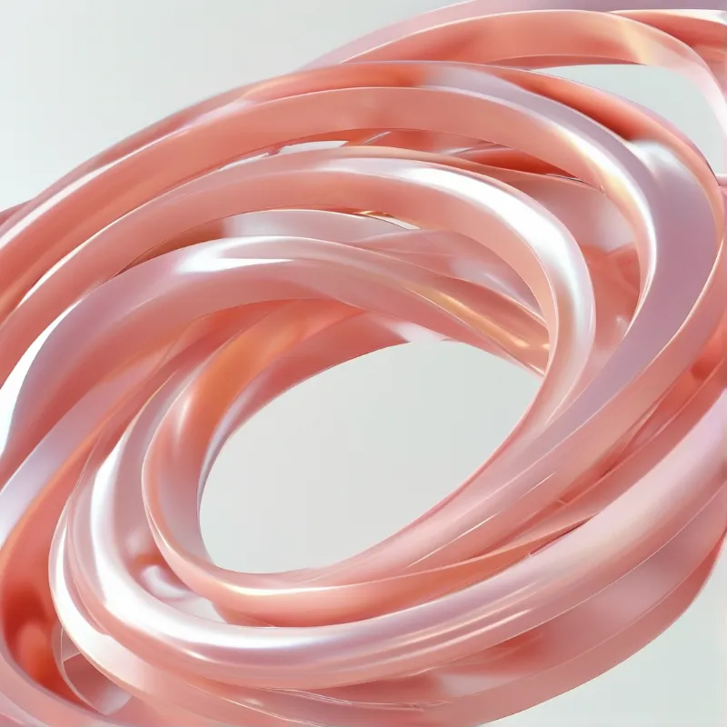 Smooth coral-colored overlapping rings twist into a central void with bright specular highlights reflecting off the curved surfaces.