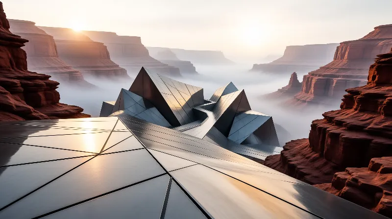 Futuristic silver building amidst red cliffs wrapped in fog with golden light hitting the metal surfaces