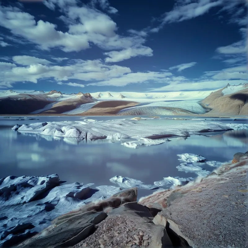 Massive chunks of glacial ice drift across a still alpine lake surrounded by brown snow dusted mountains under a partly cloudy deep blue sky.