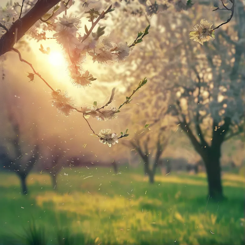 White floral buds on a woody branch backlit by a bright sun over a blurred green orchard field.