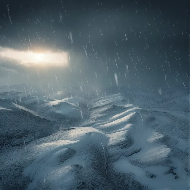 Diagonal precipitation sweeps across rolling snowy hills as sunlight pierces through dark clouds on the left.
