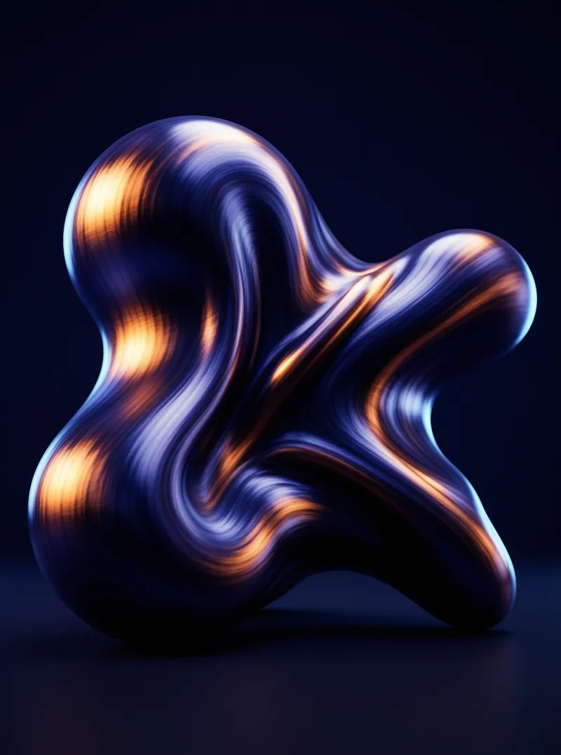 A smooth organic form of striated steel glows with copper and violet highlights against deep black
