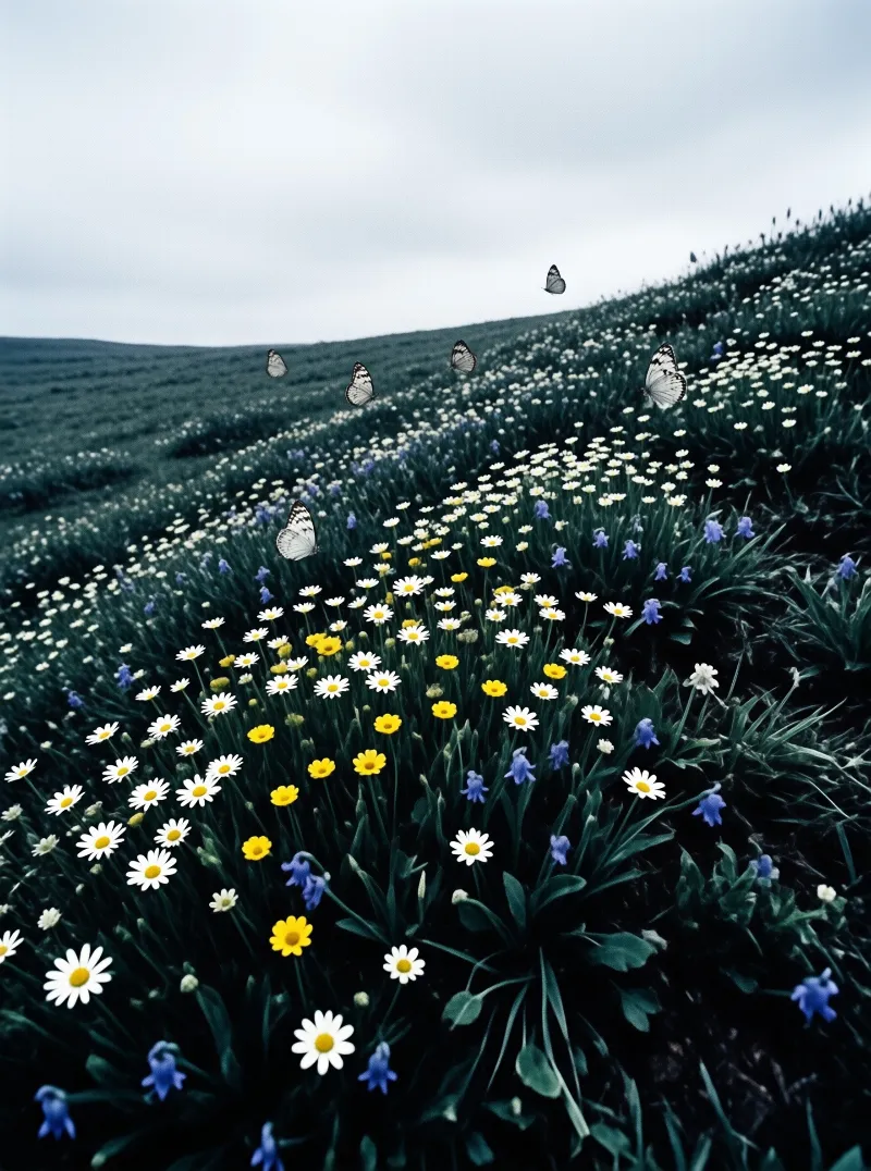 White butterflies soar above a hillside filled with daisies, blue flowers, and yellow blooms under an overcast sky.