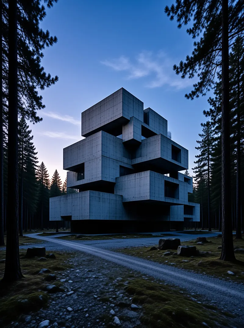 A stacked concrete building with geometric openings sits isolated in a pine forest under a deep blue twilight sky.