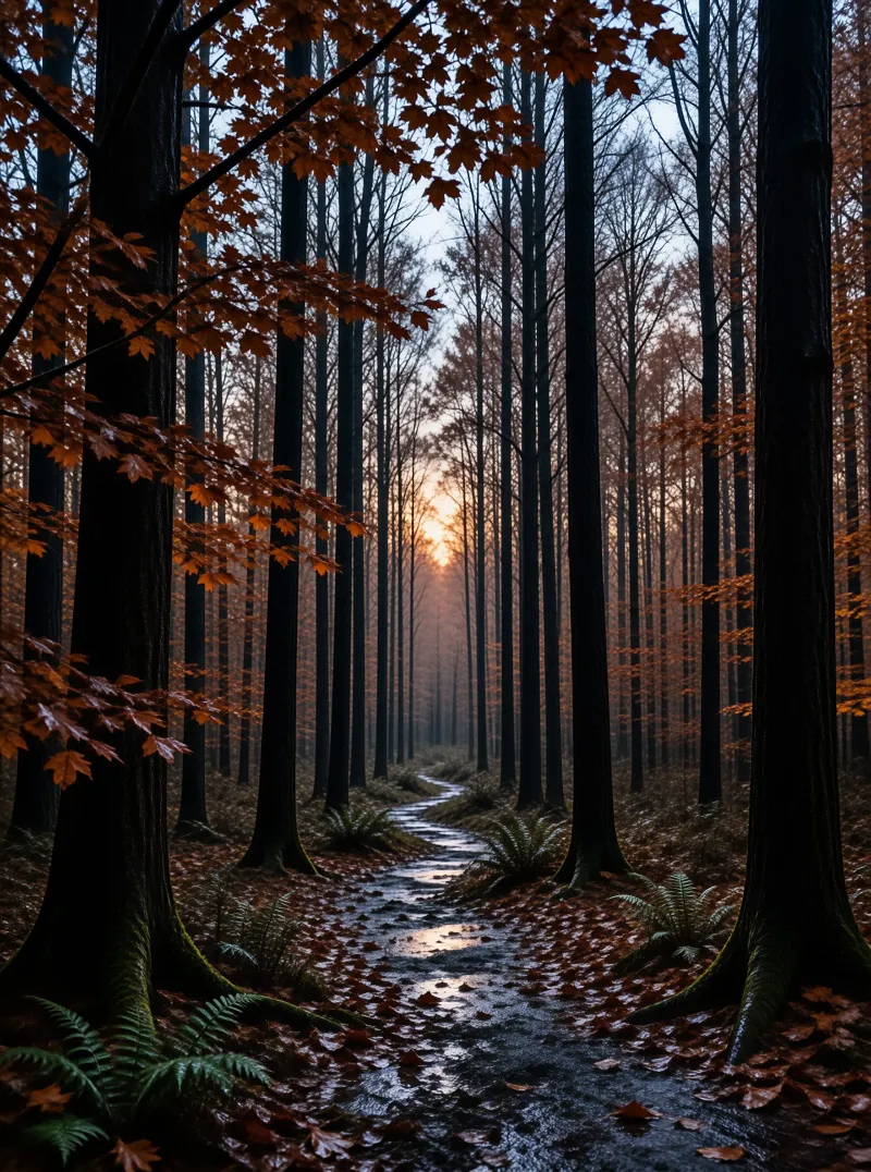 Tall dark trees line a wet path reflecting the light of a low sun shining through autumn leaves.