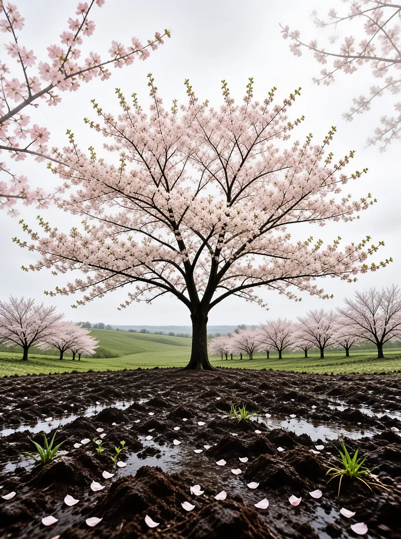 A solitary cherry tree blooms over dark wet soil scattered with petals, with rows of trees lining the green hills.
