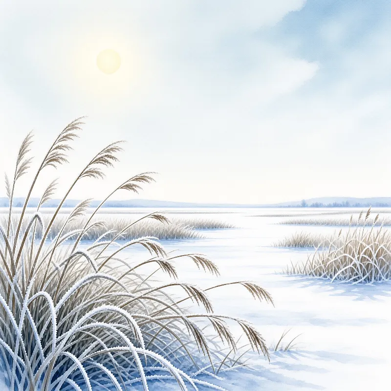 Tall frozen marsh grasses line the edge of a vast icy expanse under a soft pale winter sky.