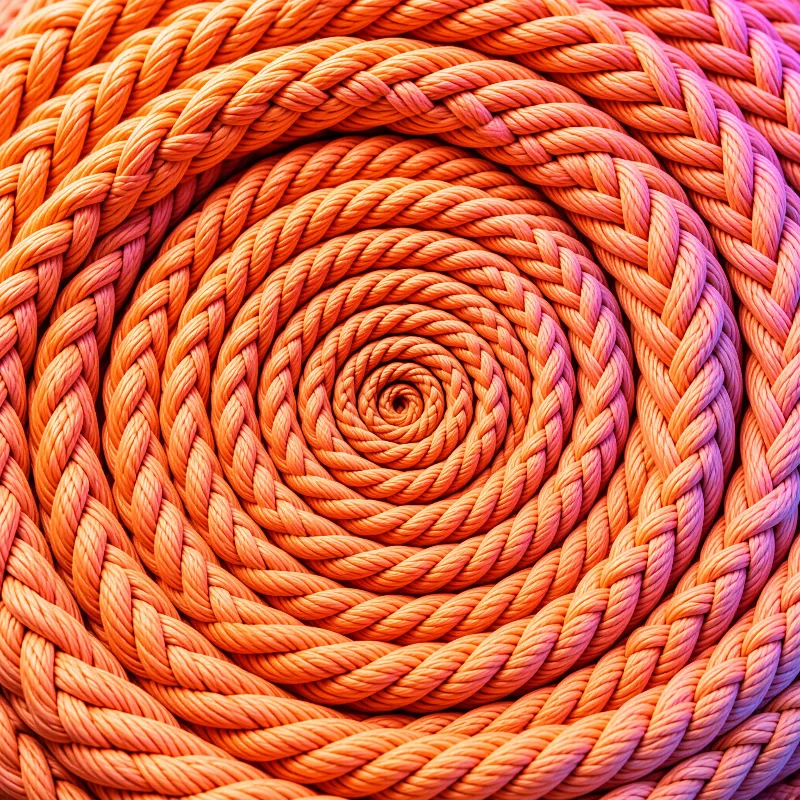 A thick braided rope twists into a perfect concentric spiral displaying warm orange and pink tones.