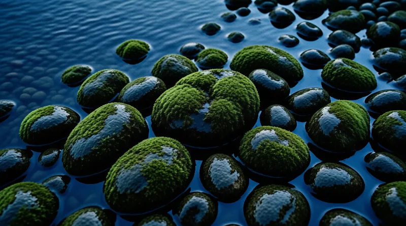Smooth river rocks coated in green moss rest within calm deep blue water displaying distinct organic shapes.