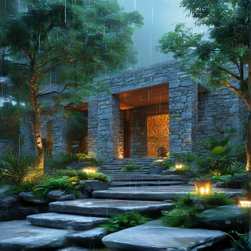 A rustic stone dwelling sits among trees during a rainstorm, illuminated by golden interior light and outdoor lanterns.