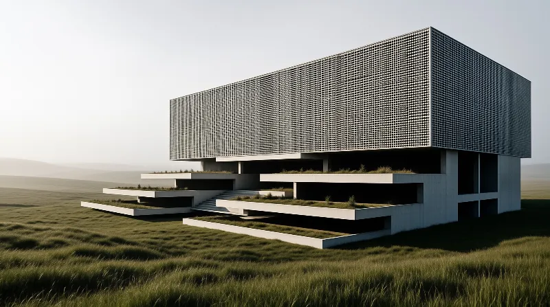 A perforated box floats above stepped grass terraces at the edge of a windswept prairie in soft haze
