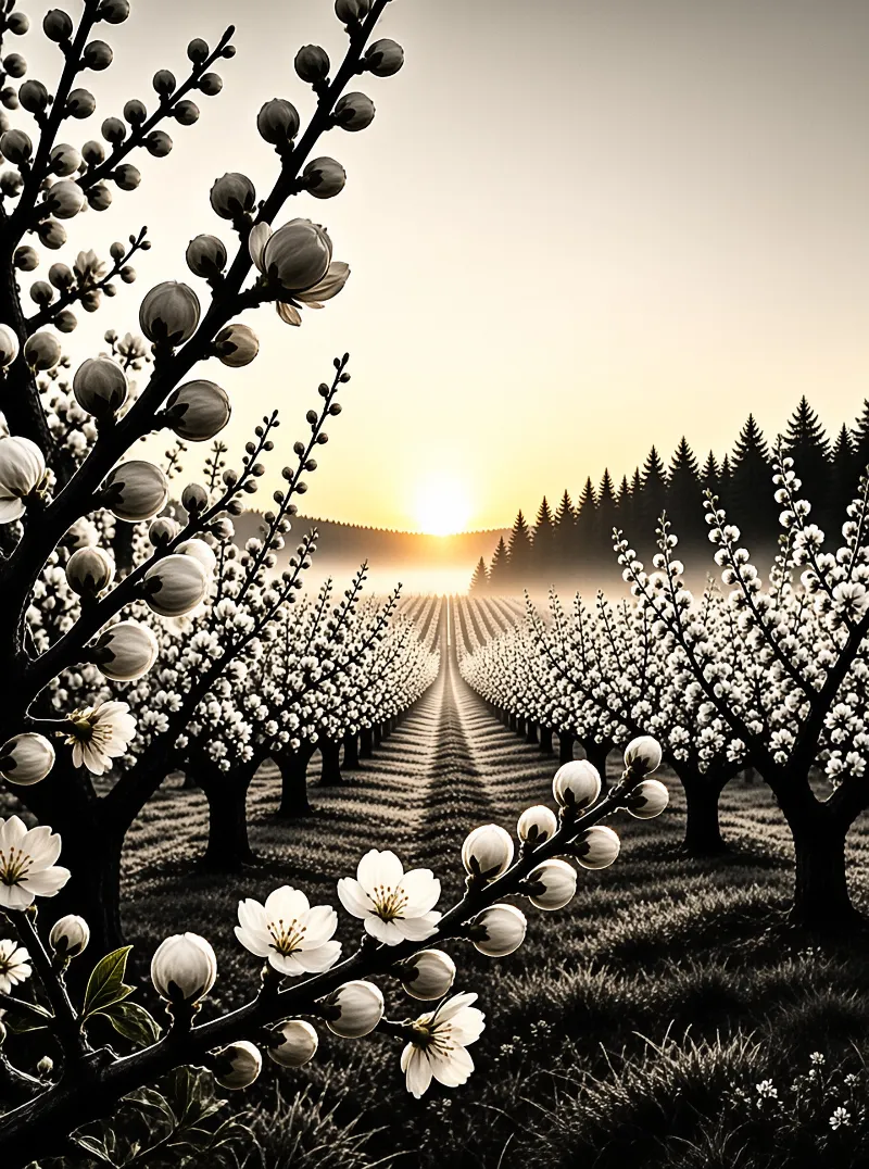 Rows of flowering trees form a pathway leading toward a distant pine forest under a bright sunrise.