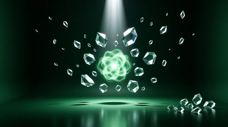 Several geometric crystals hover in a dark green space illuminated by a central energy source and an overhead beam.