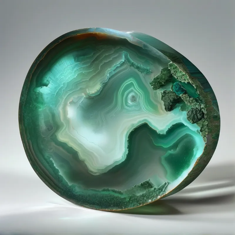 A polished geode cross section displays intricate concentric bands of teal, emerald, and white minerals against a soft neutral gray background.