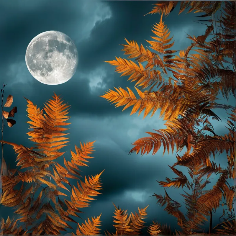 A large bright full moon hangs in a cloudy dark blue sky above clusters of illuminated orange fern fronds.