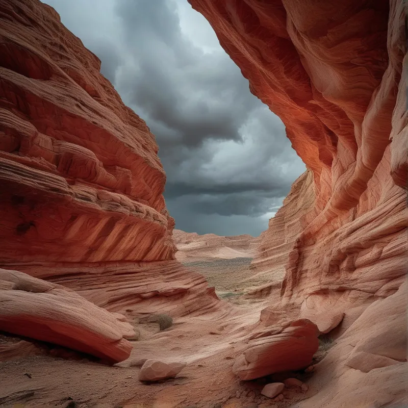 Massive ochre sandstone walls curve inward to form a narrow desert corridor that opens up to reveal a turbulent sky filled with heavy grey cumulus clouds.