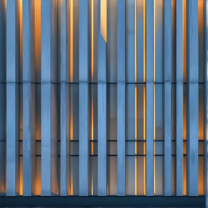 Vertical grey concrete columns stand in front of a glass facade, with soft warm orange light glowing through the gaps between them.