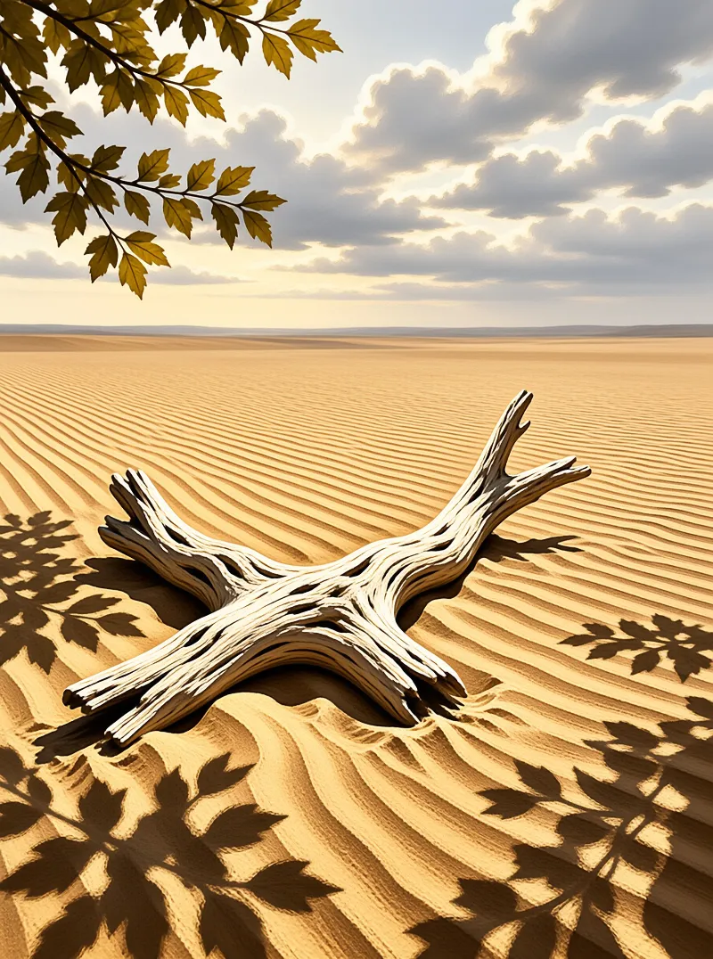 A piece of weathered driftwood lies on rippled desert sand while leafy branches cast shadows in the warm sunset light.