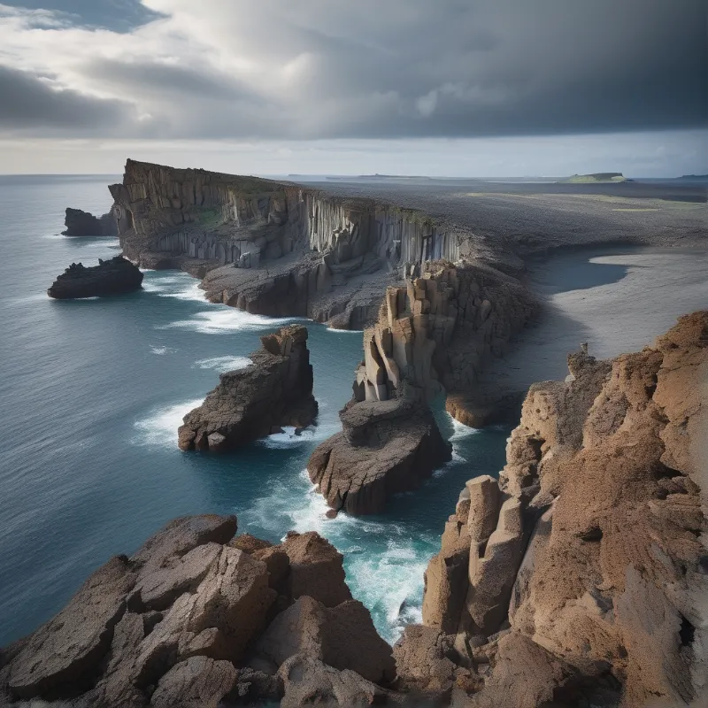 Eroded stone formations rise from the sea beside a black sand beach under a sky filled with heavy grey clouds.