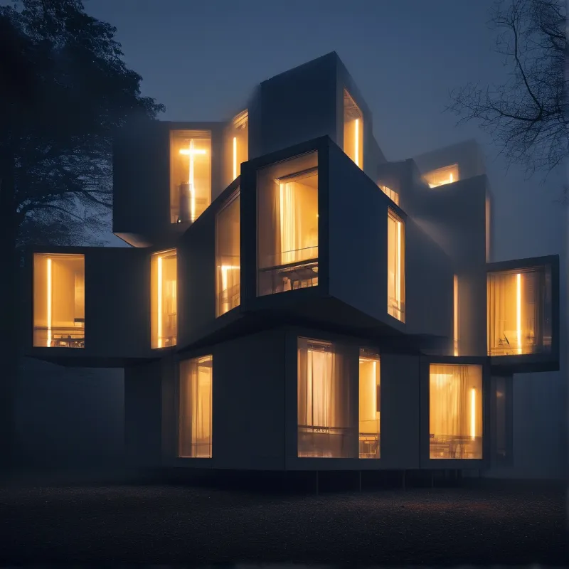 A geometric building composed of stacked cubes emits warm light against a dark misty sky.