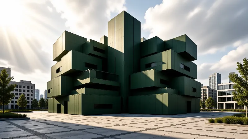 A massive cube-shaped structure features olive panels while bright rays illuminate the open square.