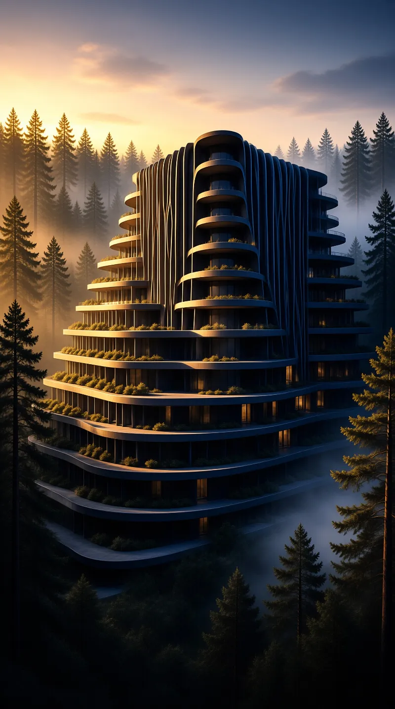 A futuristic curved building stands tall among pine trees during a golden sunset with fog