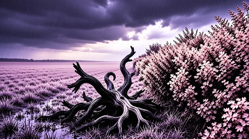A massive black gnarled root system rests upon a wide expanse of pinkish moorland grass beneath dark purple clouds and visible rainfall.