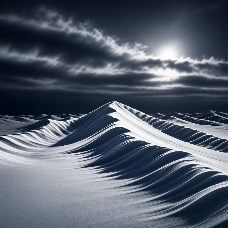 Ripples of sand cover rolling dunes beneath a dark cloudy sky where bright sunlight breaks through on the horizon.