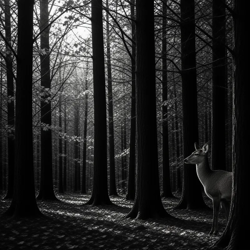 A deer stands alert among tall trees in a monochromatic forest with light filtering through the branches