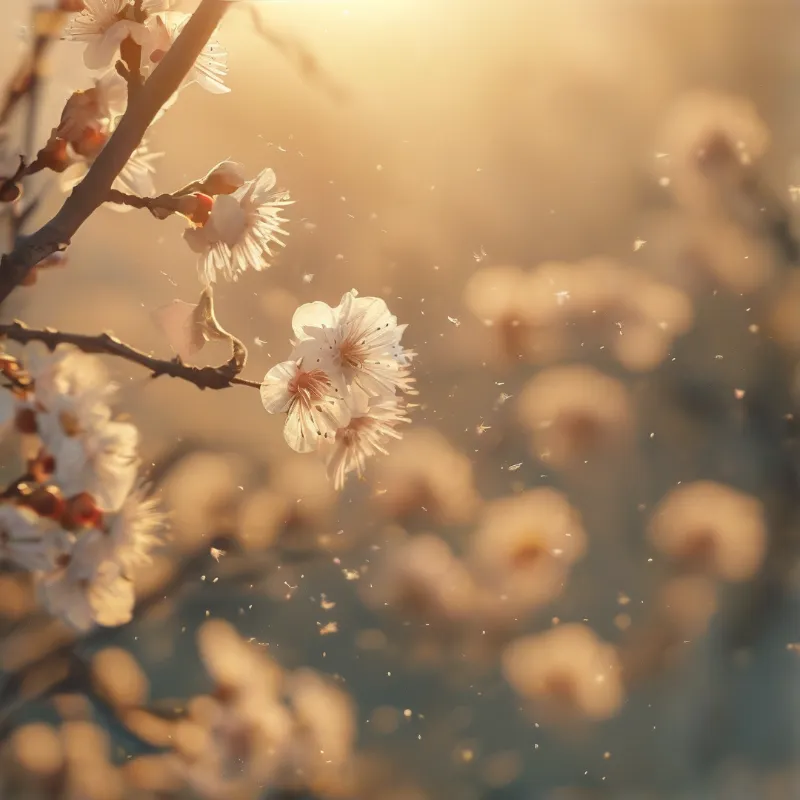 Delicate spring petals glow translucent on dark branches while warm backlight scatters drifting pollen through haze.