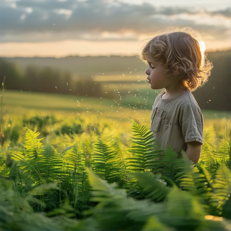 Child in Fern Field at Sunset