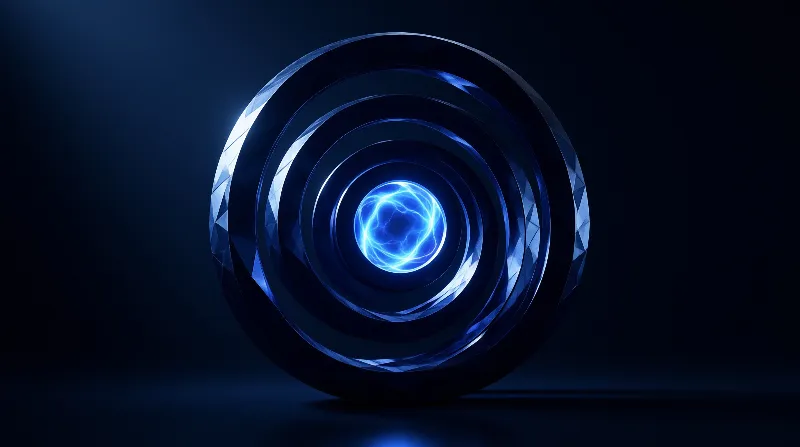 Faceted dark metal bands stack in concentric circles around a bright electric sphere that lights the void
