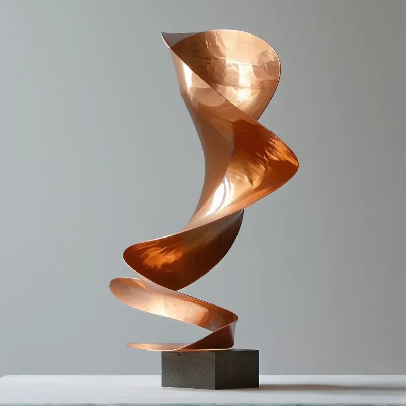 A spiraling ribbon of polished copper rises gracefully from a dark pedestal against a neutral grey wall.