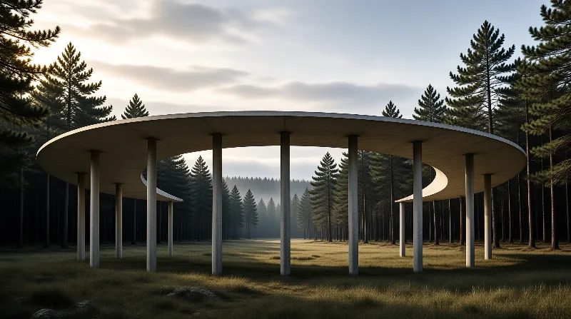 A large circular wooden roof supported by tall pillars stands in a grassy clearing surrounded by misty pine trees.