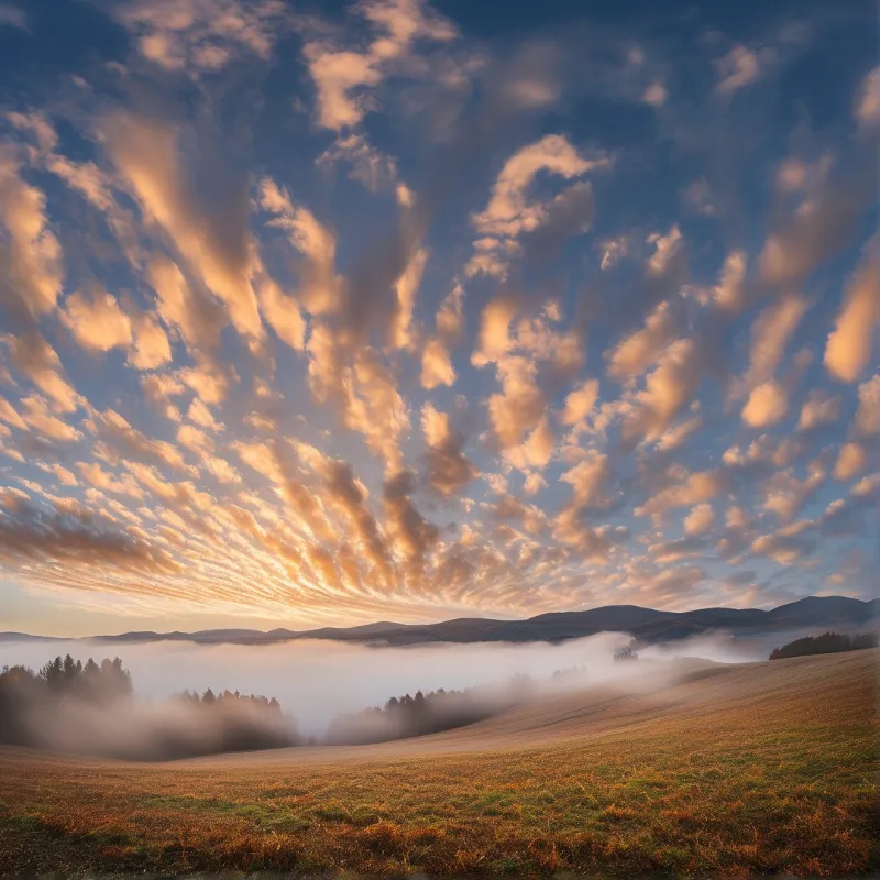 A vast sky filled with warm orange and blue formations hovers over a valley where thick fog blankets the trees and hills below.