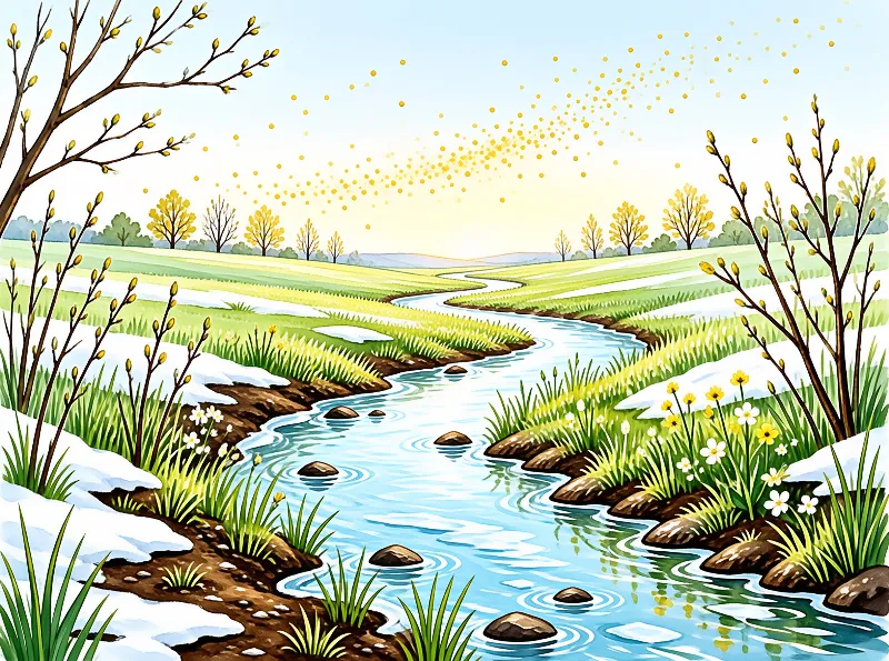A meandering river flows through patches of thawing snow, fresh green grass and early bloomers line its banks under pale golden sunlight.