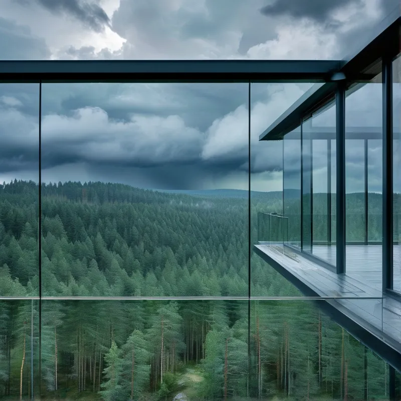 Floor-to-ceiling glass walls and a cantilevered deck hover above a dense spruce forest under heavy grey storm clouds.